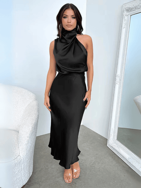 Vestido Midi Acetinado Acinturado com Gola Alta Drapeada Elegante – Rayca